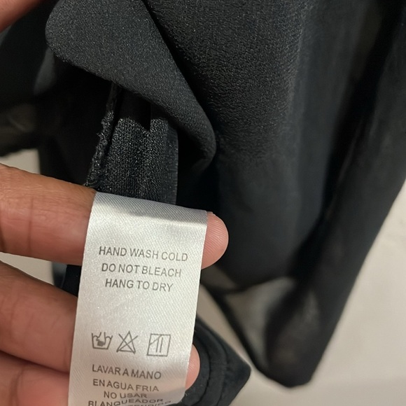 Doe & Rae Black Lace Trim Long Sleeve Mini Dress Size L Sheer Overlay - Picture 6 of 11